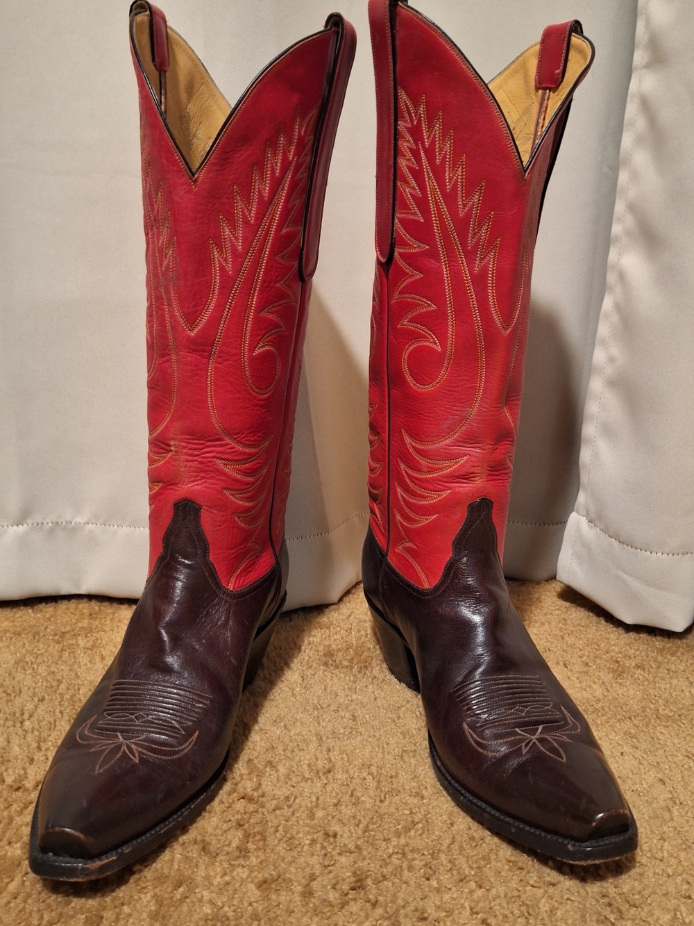Men's Custom Falconhead Tres Outlaws Red & Brown Western Cowboy Boots, 11.5D